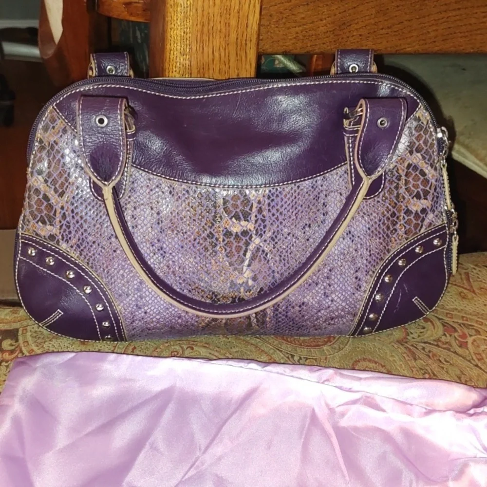 Sharif Studio Purple Snakeskin studded w/leopard print Shoulderbag. $279 Retail. - Picture 3 of 12